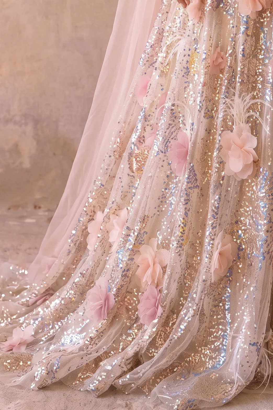 Champagne Wedding Dress Sequin Floral Embellished Strapless A-Line Gown with Tulle Draping Plus Size