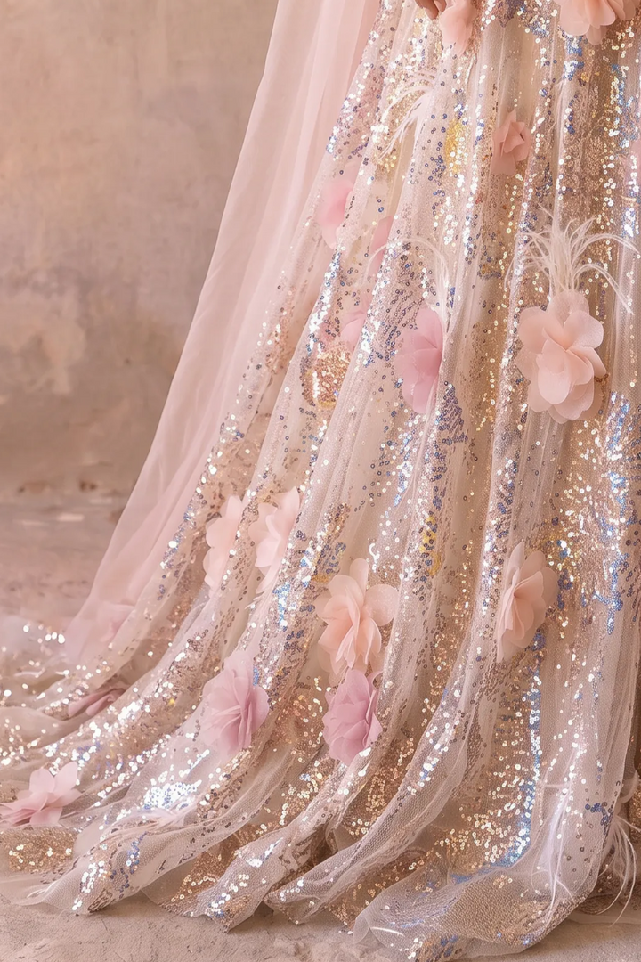 Champagne Wedding Dress Sequin Floral Embellished Strapless A-Line Gown with Tulle Draping Plus Size