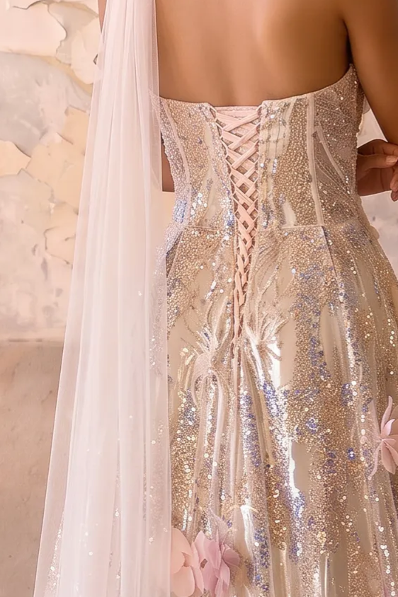 Champagne Wedding Dress Sequin Floral Embellished Strapless A-Line Gown with Tulle Draping Plus Size