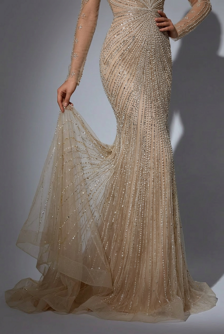 Champagne Beaded Long Sleeve Bridal Gown - Elegant Tulle Wedding Dress Plus Size