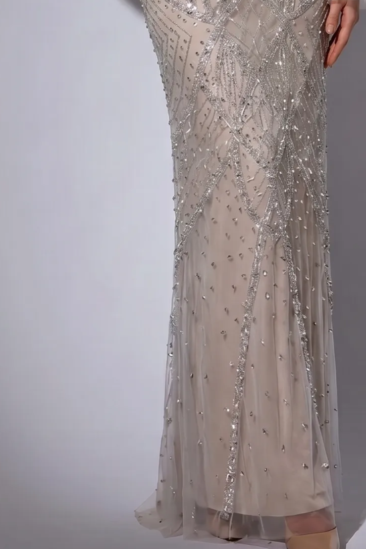 Champagne Beaded V-Neck Sequin Dress with Long Sleeves - Elegant Sequin Evening Gown Plus Size