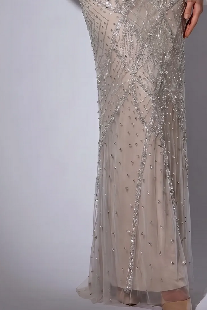 Champagne Beaded V-Neck Sequin Dress with Long Sleeves - Elegant Sequin Evening Gown Plus Size