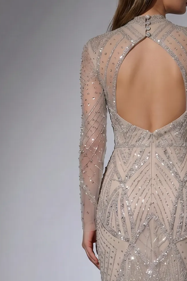 Champagne Beaded V-Neck Sequin Dress with Long Sleeves - Elegant Sequin Evening Gown Plus Size