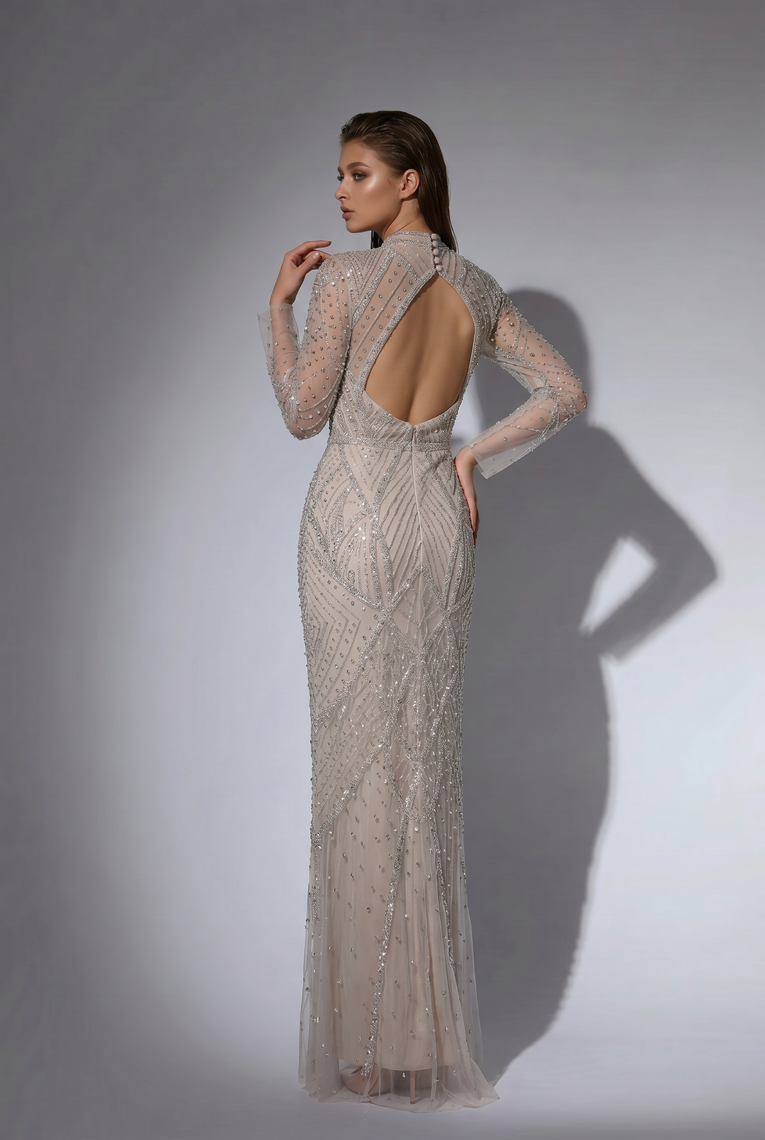 Champagne Beaded V-Neck Sequin Dress with Long Sleeves - Elegant Sequin Evening Gown Plus Size