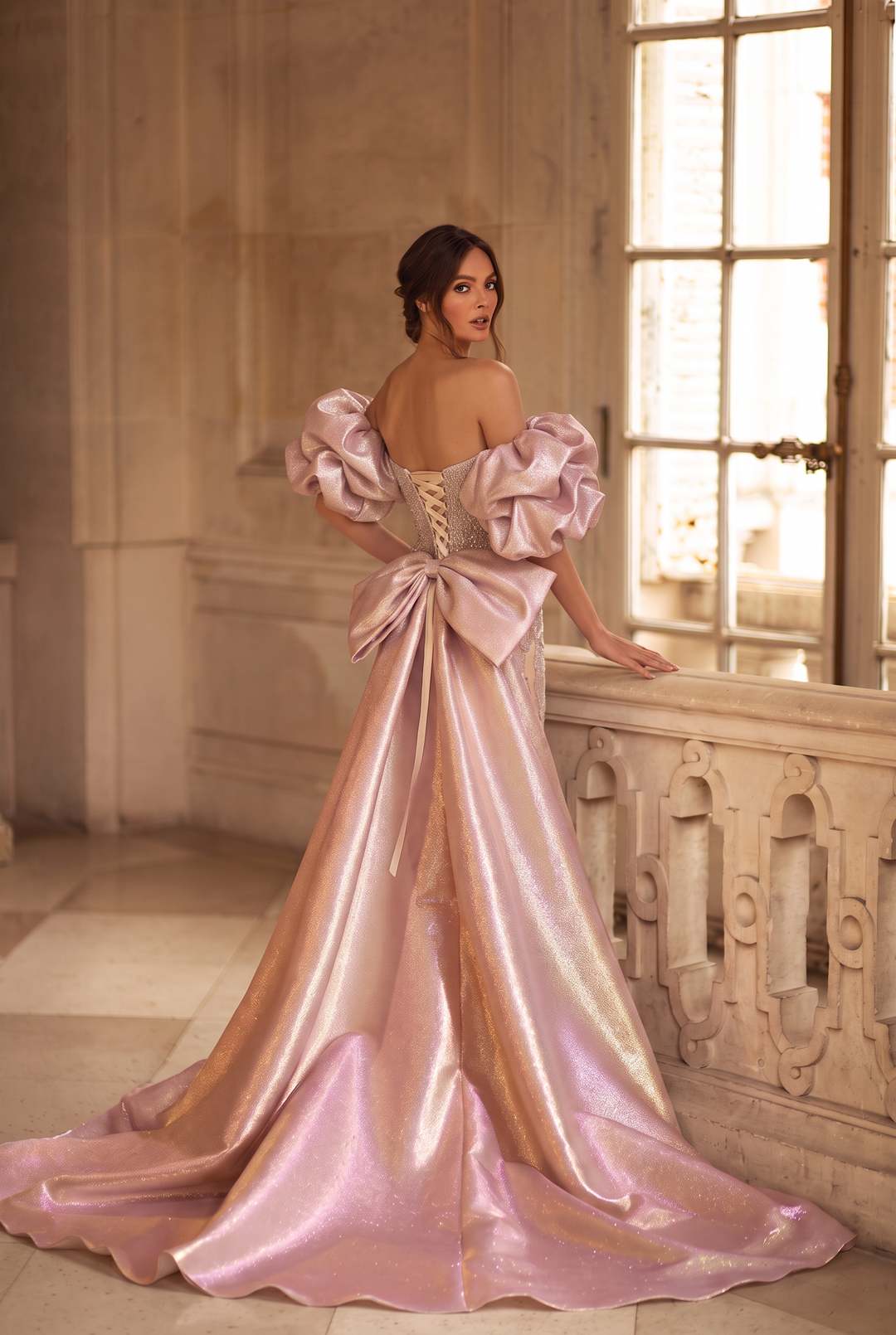 Champagne Dress for Wedding Guest - Sparkly Evening Gown with Pink Bow - Champagne Pink Sequin Dress - Sequins Evening Gown Plus Size