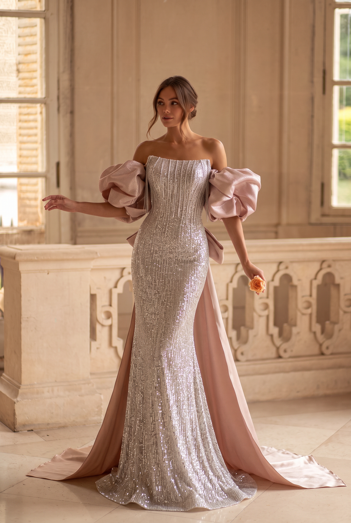 Champagne Dress for Wedding Guest - Sparkly Evening Gown with Pink Bow - Champagne Pink Sequin Dress - Sequins Evening Gown Plus Size