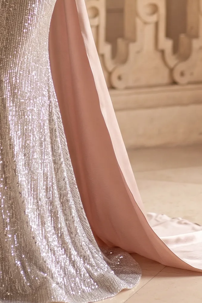 Champagne Dress for Wedding Guest - Sparkly Evening Gown with Pink Bow - Champagne Pink Sequin Dress - Sequins Evening Gown Plus Size