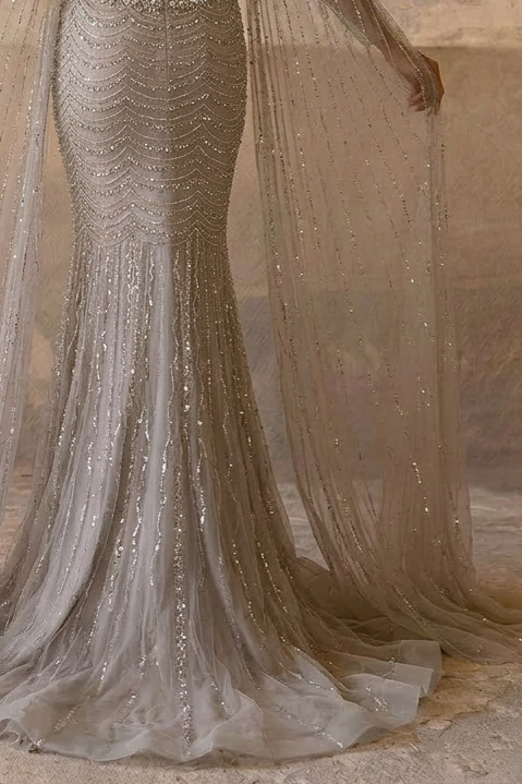 Champagne Embellished Gown with Long Cape Sleeves – Sparkly Maxi Dress with Square Neckline Plus Size