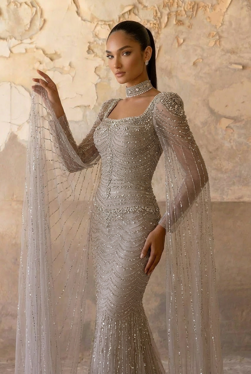 Champagne Embellished Gown with Long Cape Sleeves – Sparkly Maxi Dress with Square Neckline Plus Size