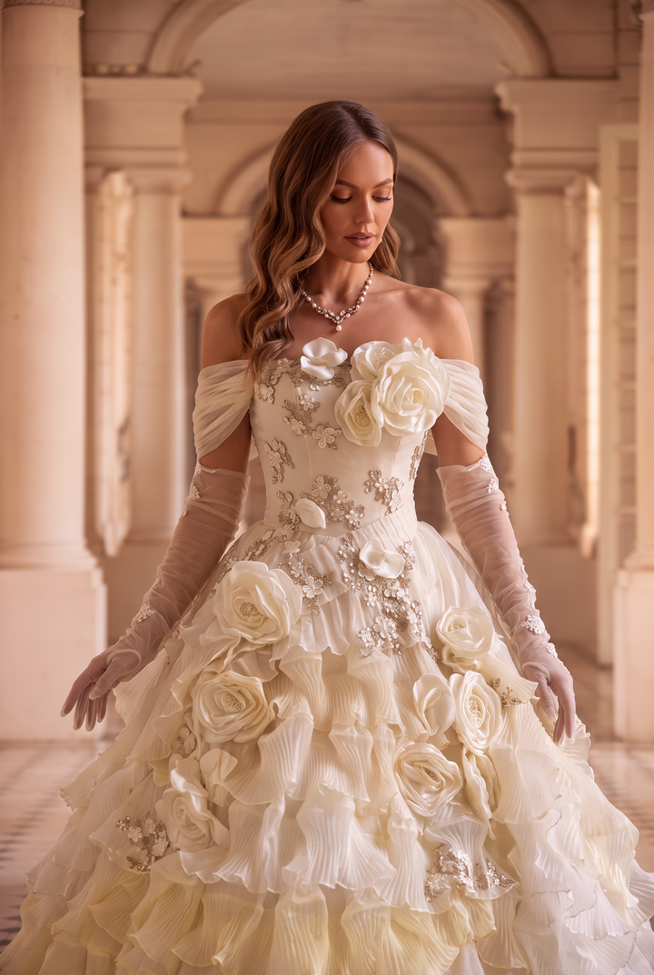 Champagne Fairytale Layered Tulle Ruffle Dress with Floral Appliqué – Off the Shoulder Evening Dress with Corset Back Plus Size