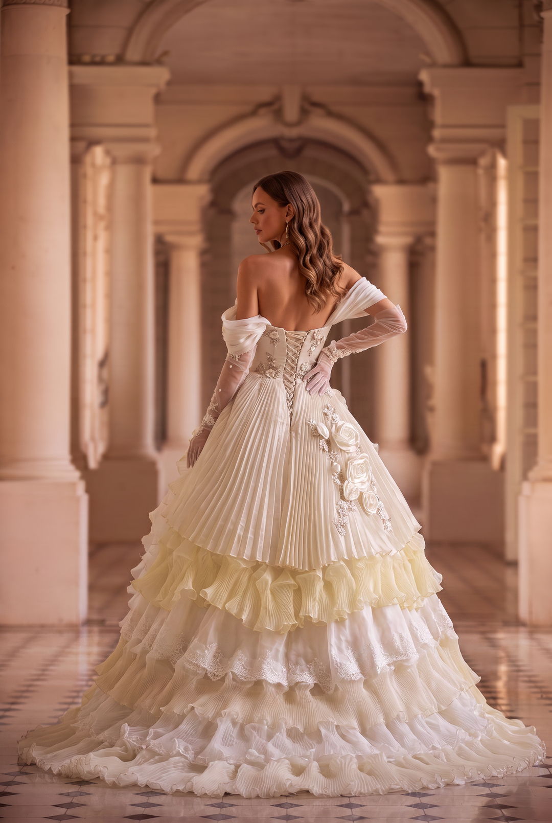 Champagne Fairytale Layered Tulle Ruffle Dress with Floral Appliqué – Off the Shoulder Evening Dress with Corset Back Plus Size