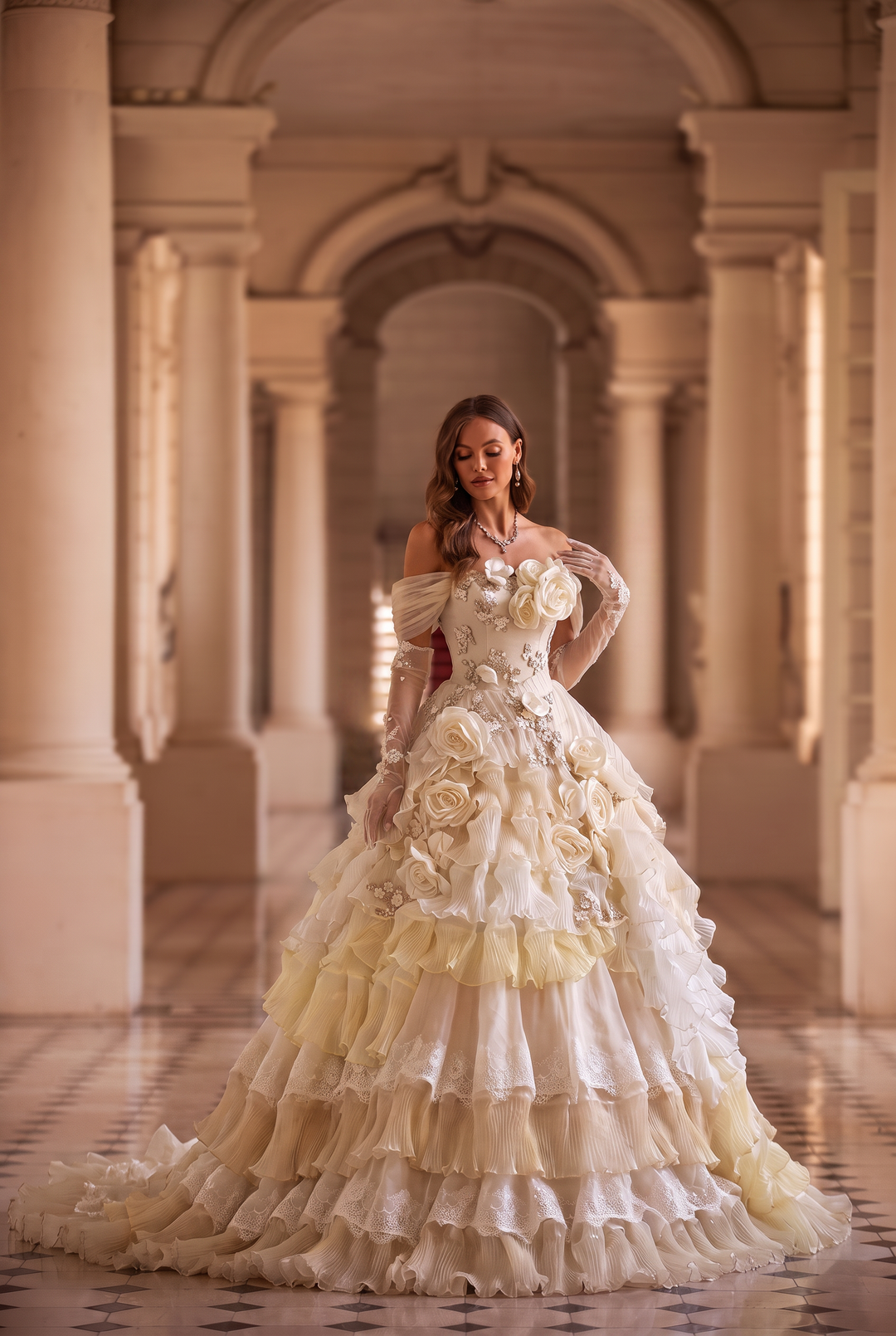 Champagne Fairytale Layered Tulle Ruffle Dress with Floral Appliqué – Off the Shoulder Evening Dress with Corset Back Plus Size