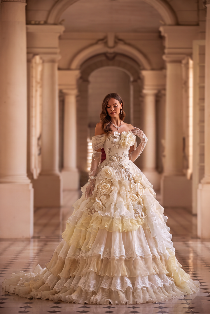 Champagne Fairytale Layered Tulle Ruffle Dress with Floral Appliqué – Off the Shoulder Evening Dress with Corset Back Plus Size