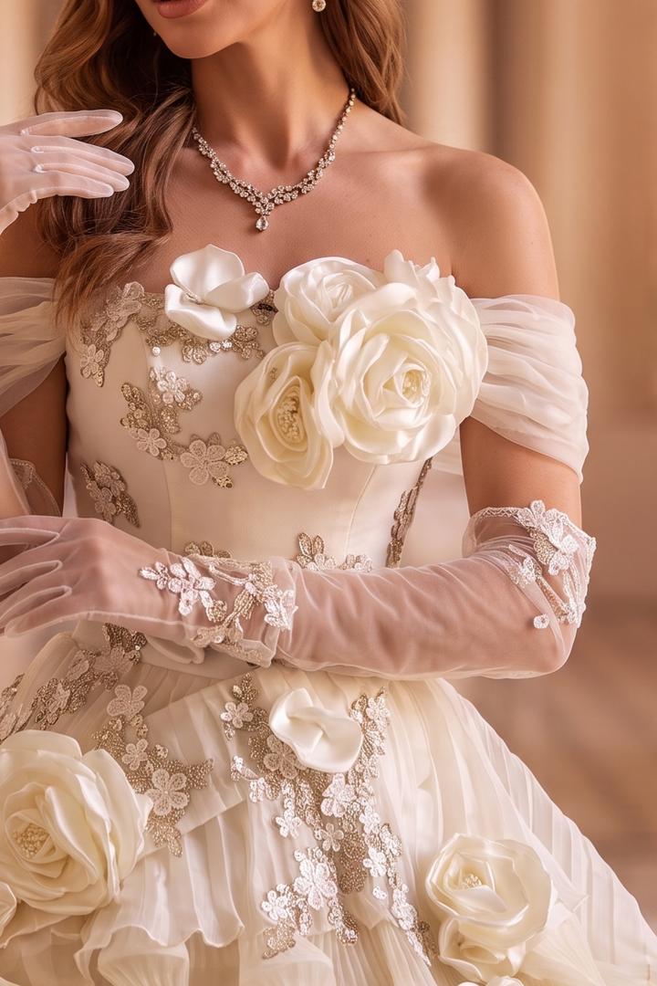 Champagne Fairytale Layered Tulle Ruffle Dress with Floral Appliqué – Off the Shoulder Evening Dress with Corset Back Plus Size