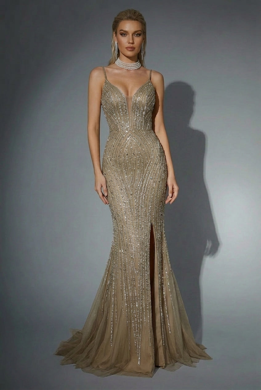 Champagne Glitter Sequin Evening Gown – Sparkly Maxi Dress with Slit and Thin Straps Plus Size