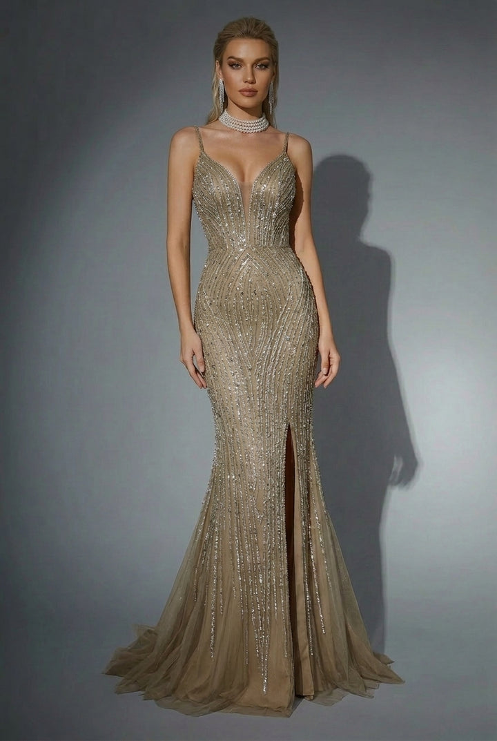 Champagne Glitter Sequin Evening Gown – Sparkly Maxi Dress with Slit and Thin Straps Plus Size
