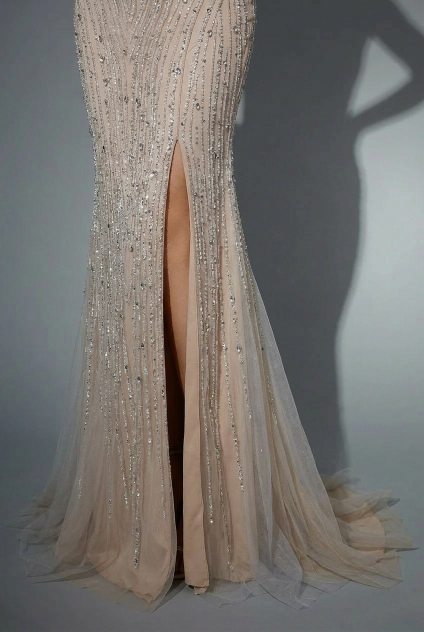 Champagne Glitter Sequin Evening Gown – Sparkly Maxi Dress with Slit and Thin Straps Plus Size