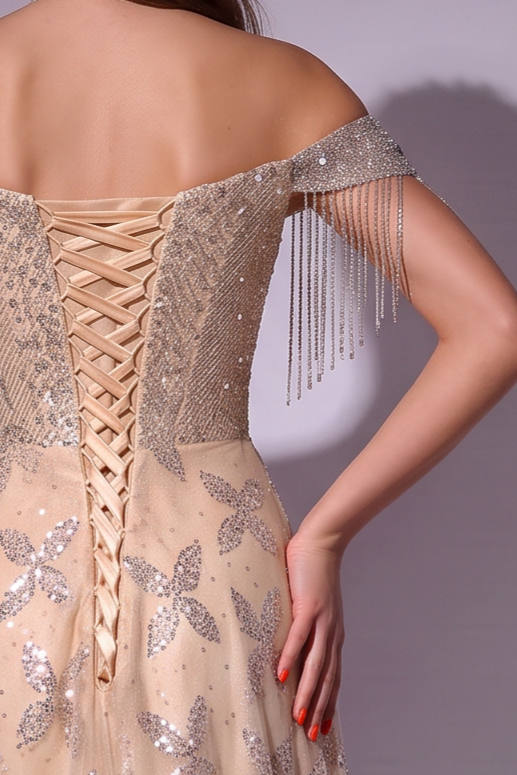 Champagne Gold Off Shoulder Sequin Gown with Fringe Sleeves, Embellished Bodice and A-Line Skirt Plus Size