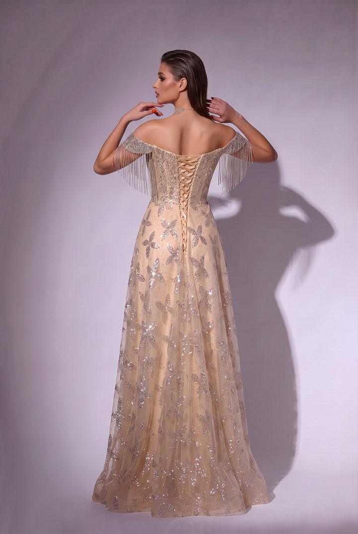 Champagne Gold Off Shoulder Sequin Gown with Fringe Sleeves, Embellished Bodice and A-Line Skirt Plus Size