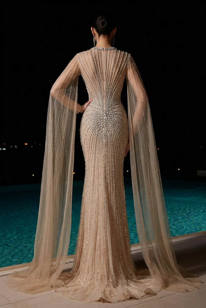Elegantes Champagner-Abendkleid mit Pailletten und Tüll - Champagner-Kleid für Hochzeitsgäste - Hübsches Paillettenkleid mit langen Ärmeln in Übergröße
