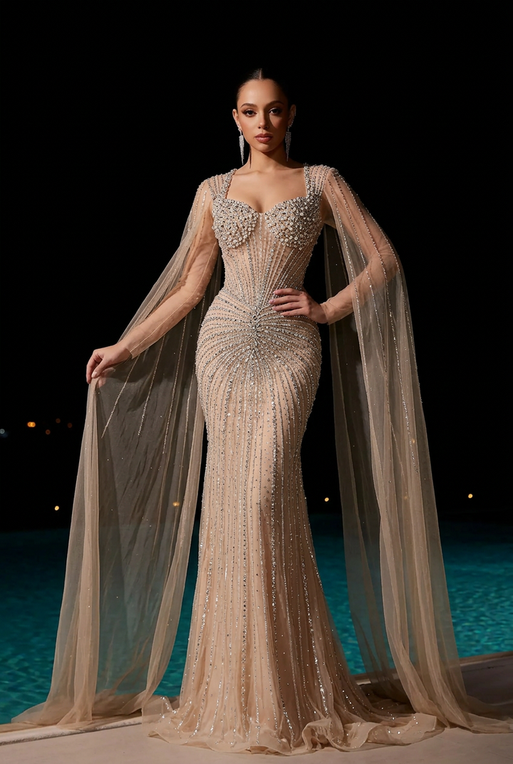 Elegantes Champagner-Abendkleid mit Pailletten und Tüll - Champagner-Kleid für Hochzeitsgäste - Hübsches Paillettenkleid mit langen Ärmeln in Übergröße