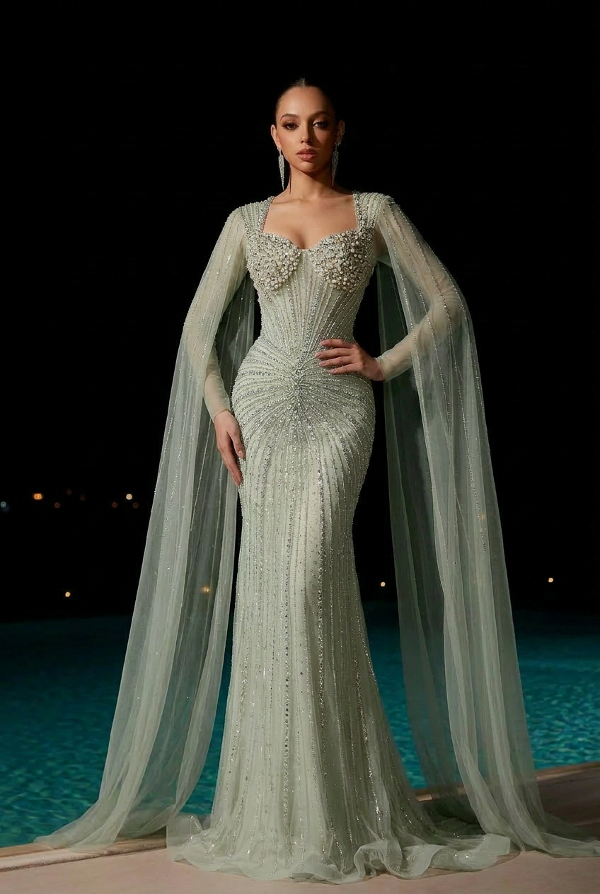 Elegantes Champagner-Abendkleid mit Pailletten und Tüll - Champagner-Kleid für Hochzeitsgäste - Hübsches Paillettenkleid mit langen Ärmeln in Übergröße