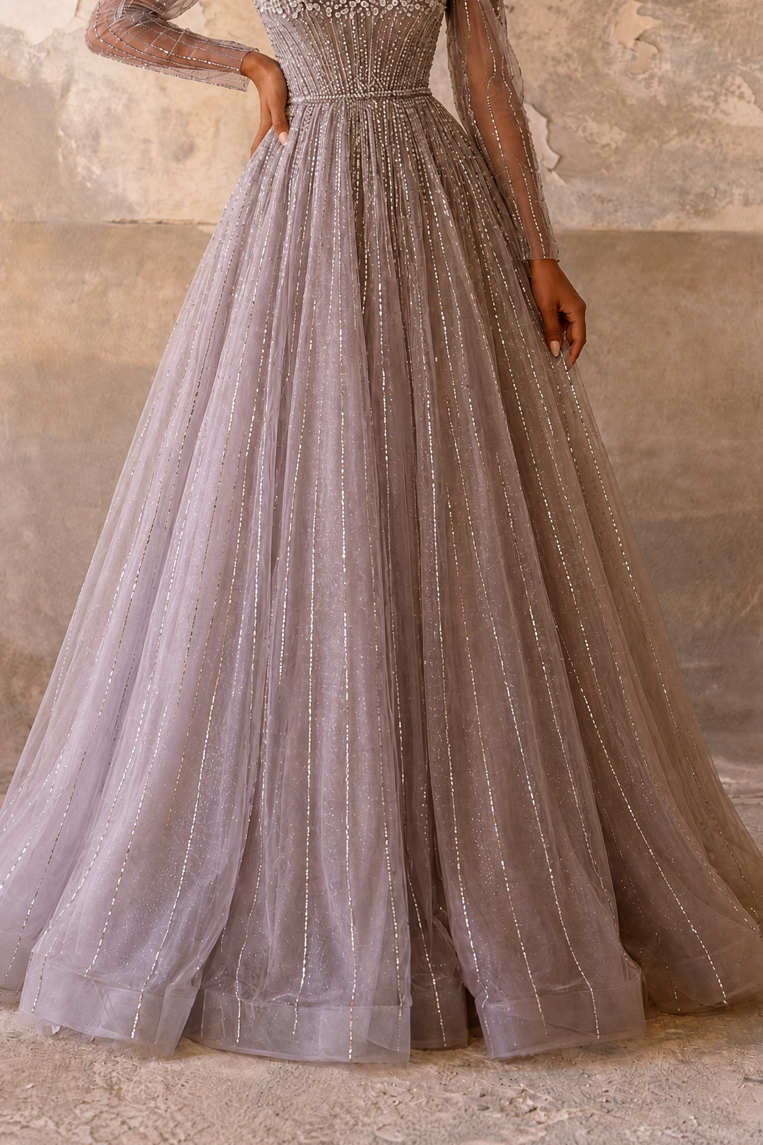 Champagne Long Sleeve Sequin Evening Gown – Sparkly Maxi Dress with Embellished Bodice Plus Size