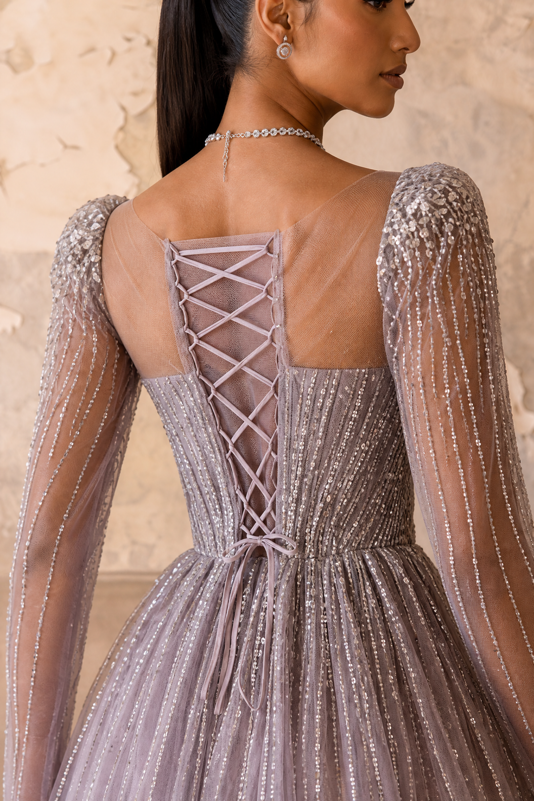 Champagne Long Sleeve Sequin Evening Gown – Sparkly Maxi Dress with Embellished Bodice Plus Size