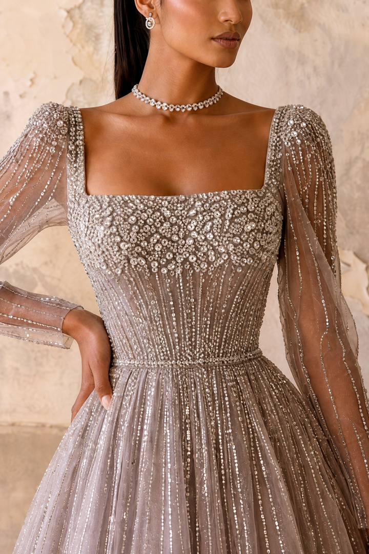 Champagne Long Sleeve Sequin Evening Gown – Sparkly Maxi Dress with Embellished Bodice Plus Size