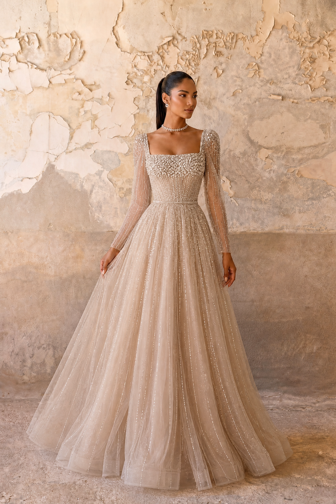 Champagne Long Sleeve Sequin Evening Gown – Sparkly Maxi Dress with Embellished Bodice Plus Size