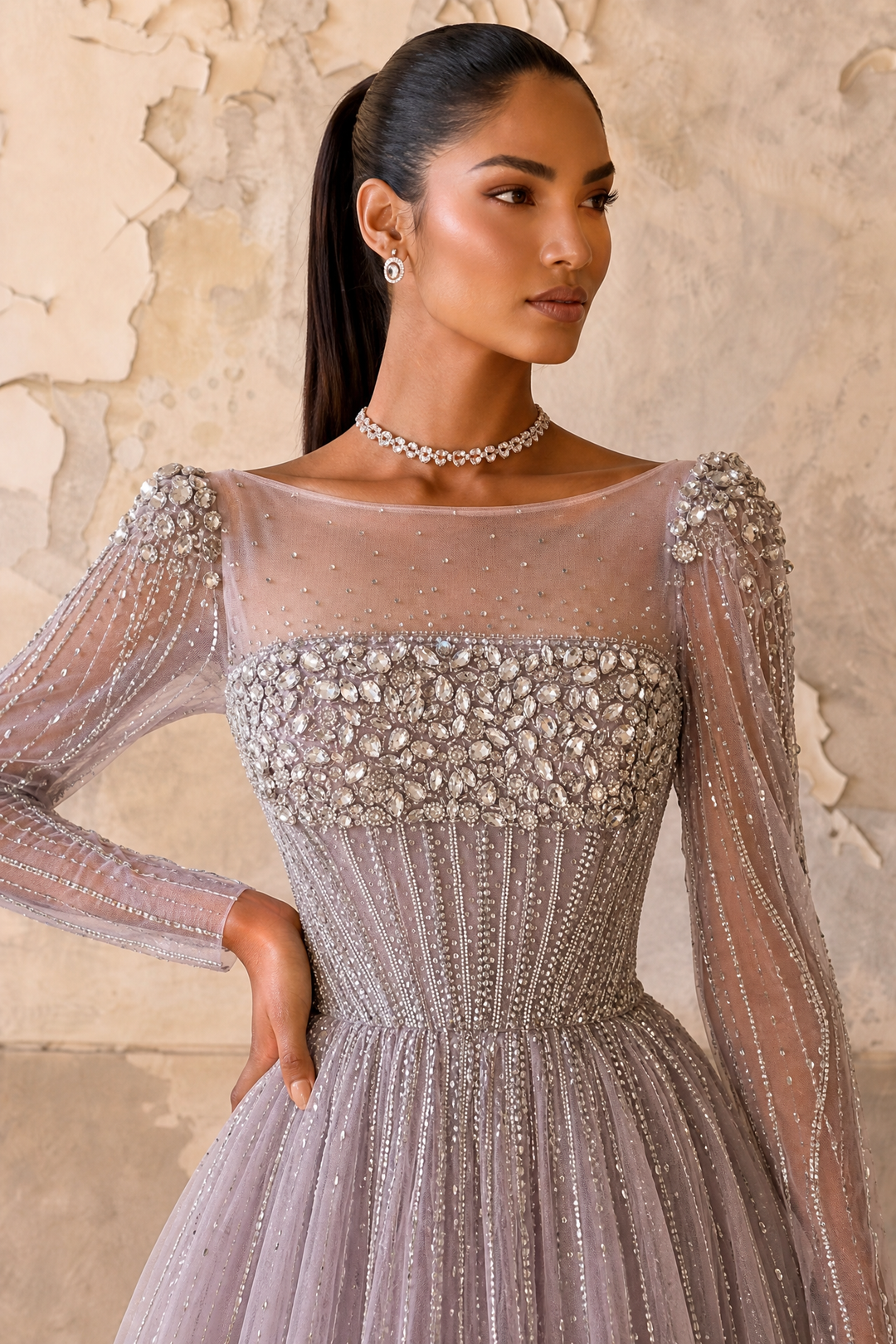 Champagne Long Sleeve Sequin Evening Gown – Sparkly Maxi Dress with Embellished Bodice Plus Size