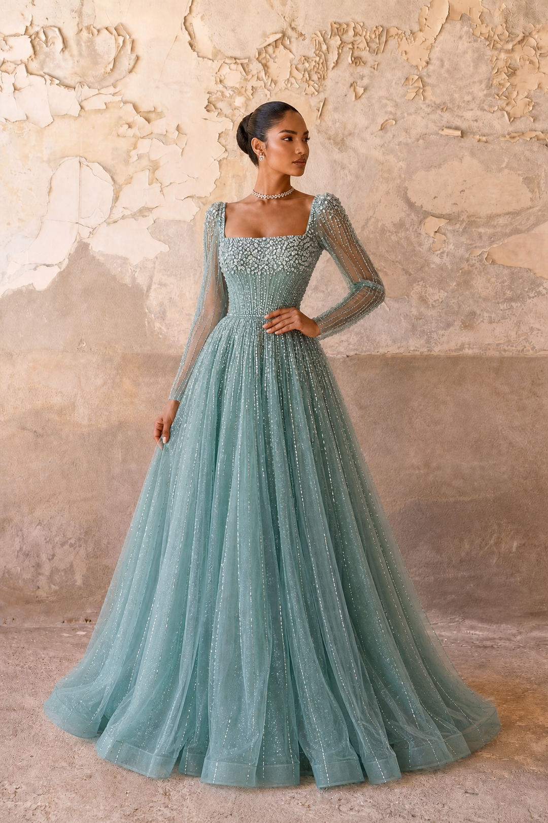 Champagne Long Sleeve Sequin Evening Gown – Sparkly Maxi Dress with Embellished Bodice Plus Size