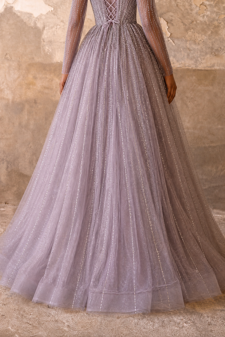 Champagne Long Sleeve Sequin Evening Gown – Sparkly Maxi Dress with Embellished Bodice Plus Size