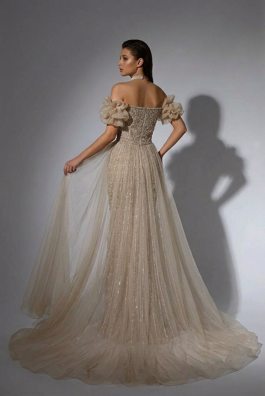 Champagne Off-Shoulder Embellished Gown with Slit – Sparkly Maxi Dress with Tulle Overskirt Plus Size