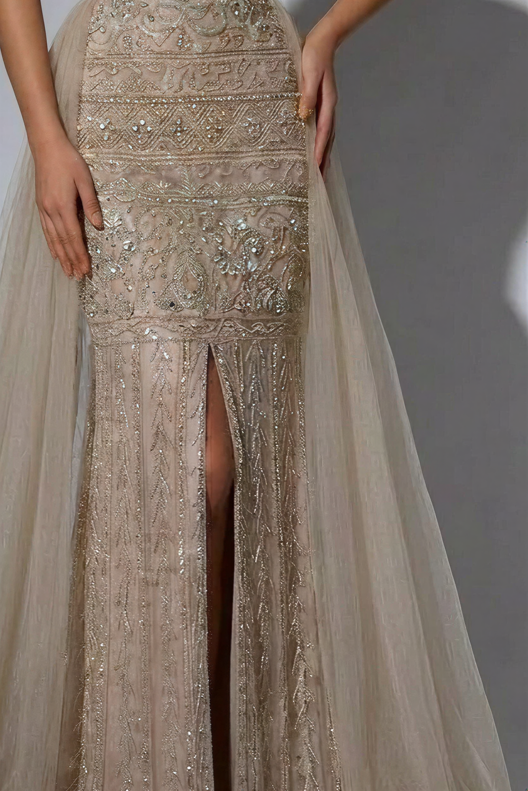 Champagne Off-Shoulder Embellished Gown with Slit – Sparkly Maxi Dress with Tulle Overskirt Plus Size
