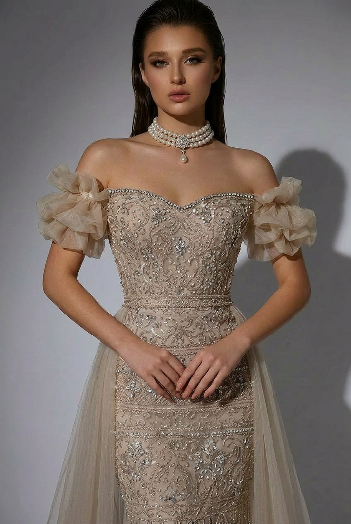 Champagne Off-Shoulder Embellished Gown with Slit – Sparkly Maxi Dress with Tulle Overskirt Plus Size