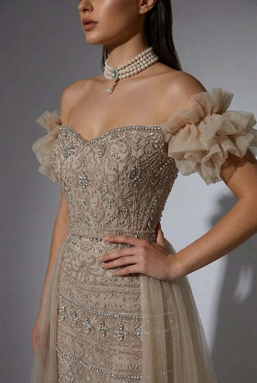 Champagne Off-Shoulder Embellished Gown with Slit – Sparkly Maxi Dress with Tulle Overskirt Plus Size