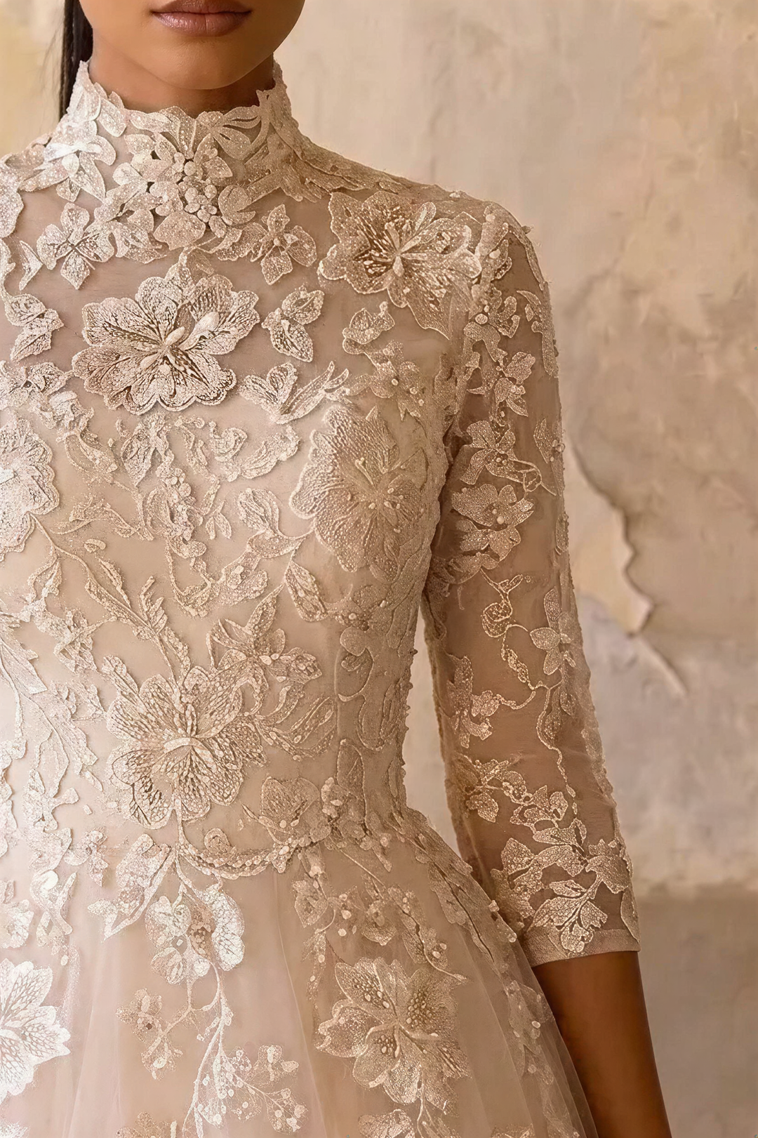 Champagne Pink Lace Ball Gown Wedding Dress with High Neck - Vintage Ball Gown Wedding Dress with 3/4 Sleeves and Tulle Train Plus Size