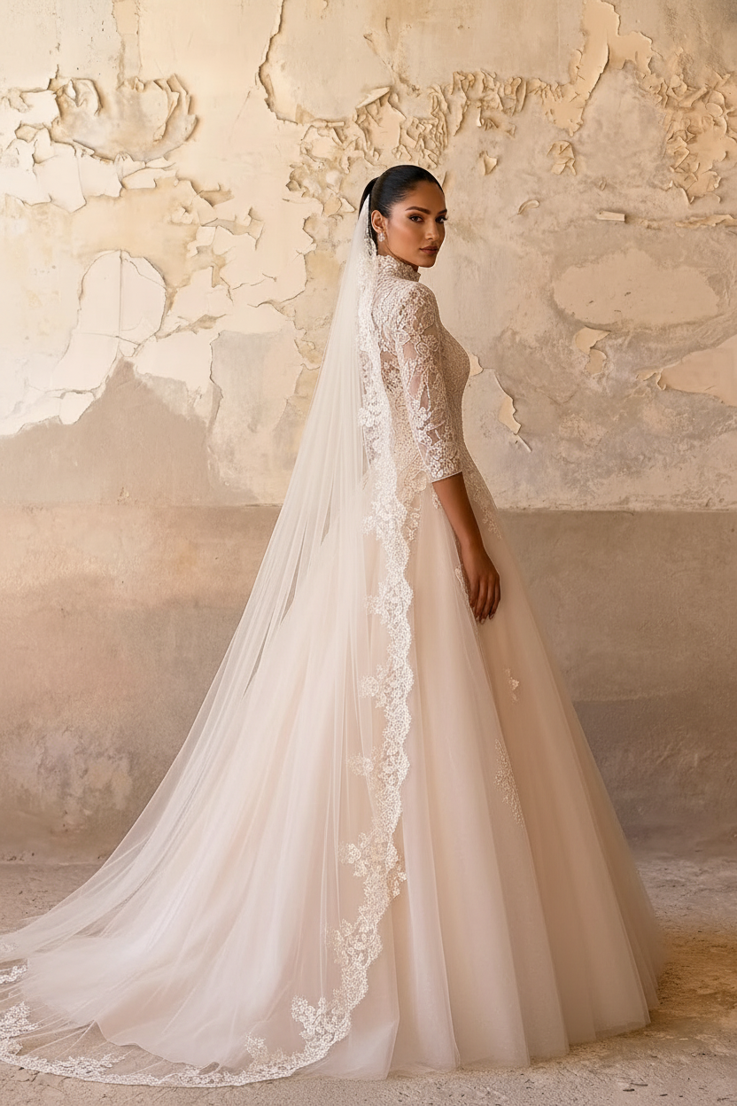 Champagne Pink Lace Ball Gown Wedding Dress with High Neck