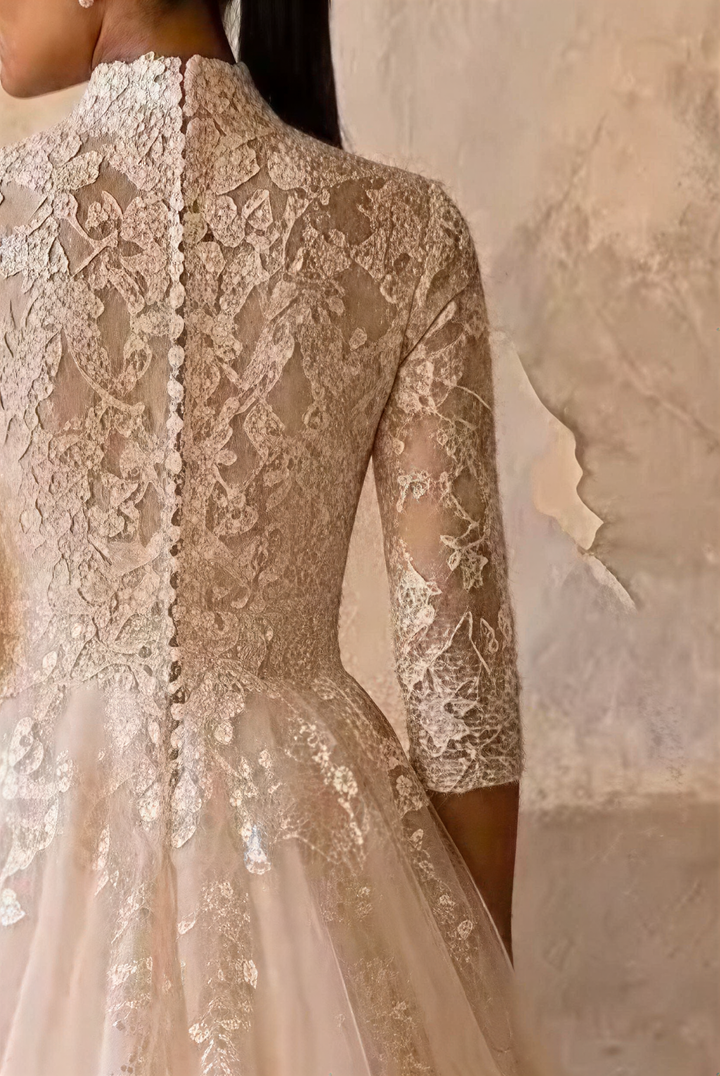 Champagne Pink Lace Ball Gown Wedding Dress with High Neck - Vintage Ball Gown Wedding Dress with 3/4 Sleeves and Tulle Train Plus Size