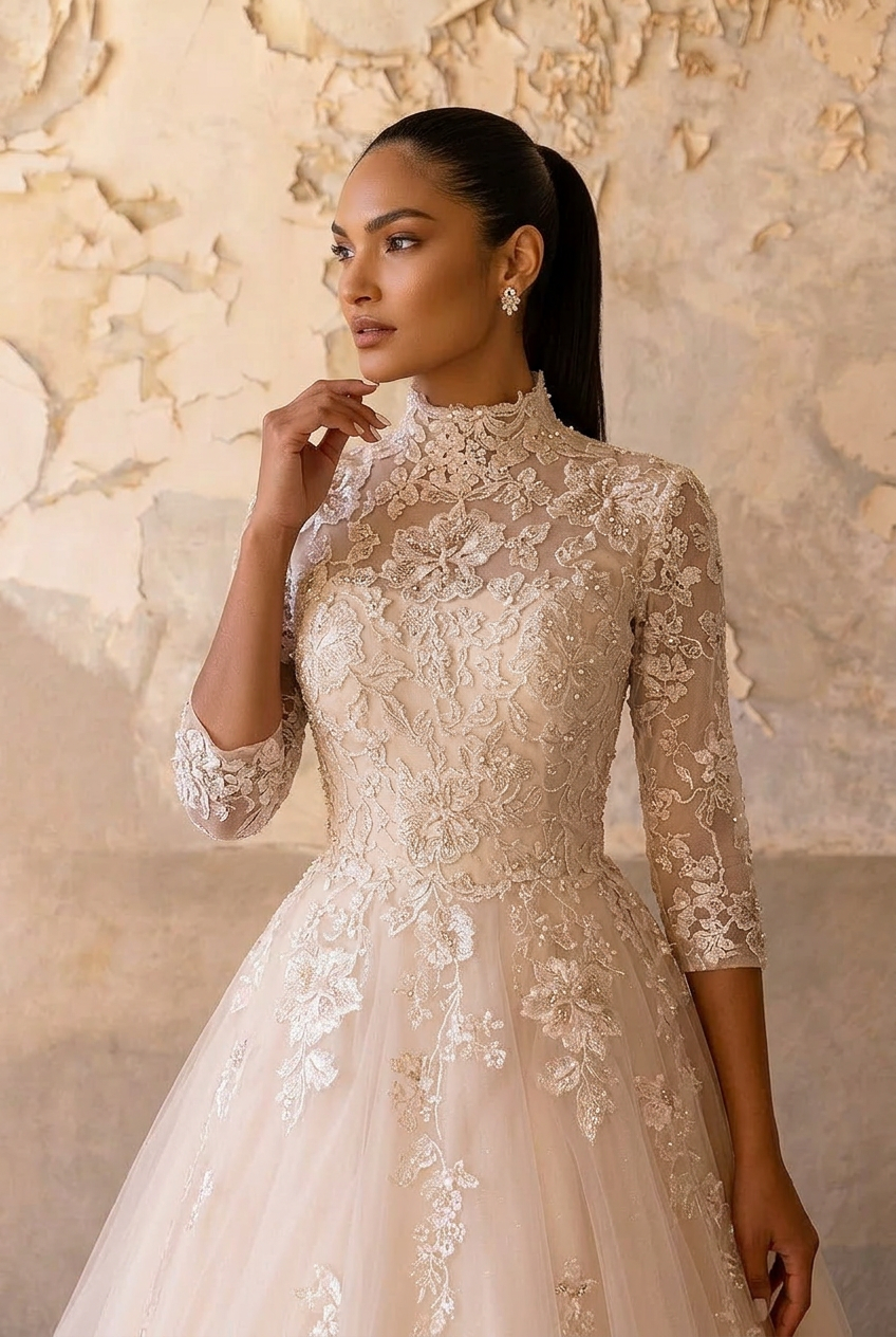 Champagne Pink Lace Ball Gown Wedding Dress with High Neck - Vintage Ball Gown Wedding Dress with 3/4 Sleeves and Tulle Train Plus Size