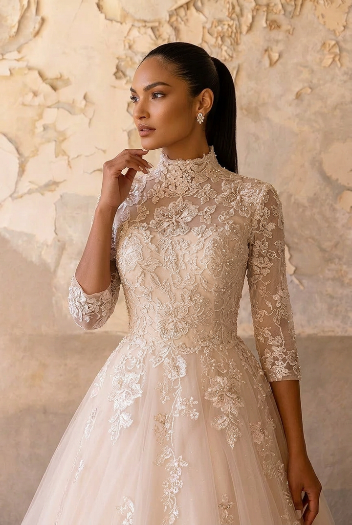 Champagne Pink Lace Ball Gown Wedding Dress with High Neck - Vintage Ball Gown Wedding Dress with 3/4 Sleeves and Tulle Train Plus Size