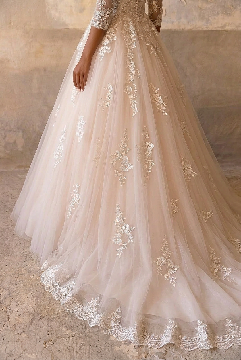 Champagne Pink Lace Ball Gown Wedding Dress with High Neck - Vintage Ball Gown Wedding Dress with 3/4 Sleeves and Tulle Train Plus Size