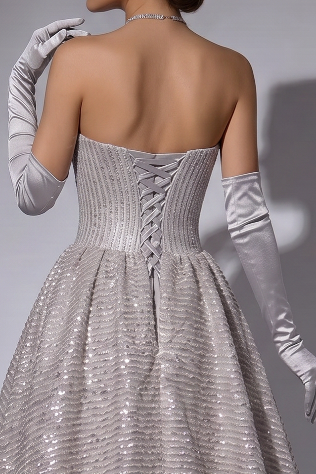 Champagne Pink Striped Evening Gown with Corset Back - Sweetheart Neckline Dress with Flared Skirt Plus Size