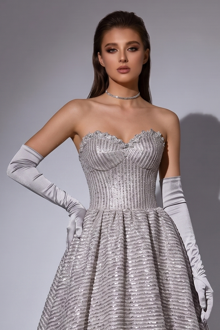 Champagne Pink Striped Evening Gown with Corset Back - Sweetheart Neckline Dress with Flared Skirt Plus Size