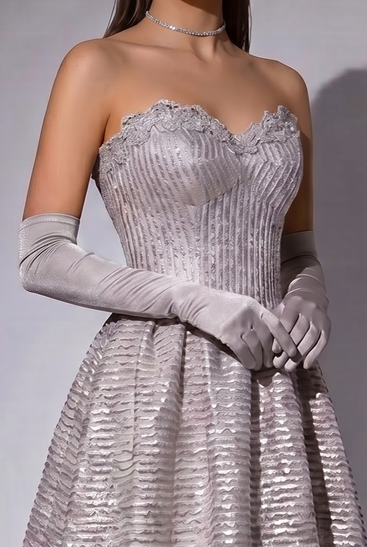 Champagne Pink Striped Evening Gown with Corset Back - Sweetheart Neckline Dress with Flared Skirt Plus Size