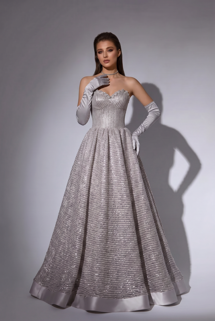 Champagne Pink Striped Evening Gown with Corset Back - Sweetheart Neckline Dress with Flared Skirt Plus Size