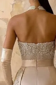 Champagne Pretty Sequin Dress Embellished Bodice and High Slit - Elegant Strapless Glitter Dress Plus Size