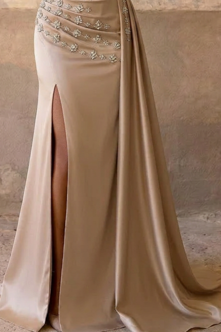 Champagne Pretty Sequin Dress Embellished Bodice and High Slit - Elegant Strapless Glitter Dress Plus Size