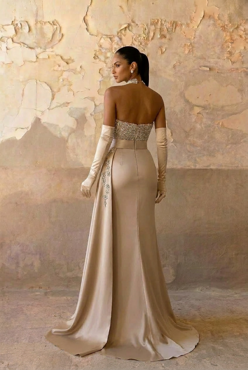 Champagne Pretty Sequin Dress Embellished Bodice and High Slit - Elegant Strapless Glitter Dress Plus Size